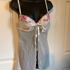 La SENZA White Sheer Chemise with Pink Floral Lace